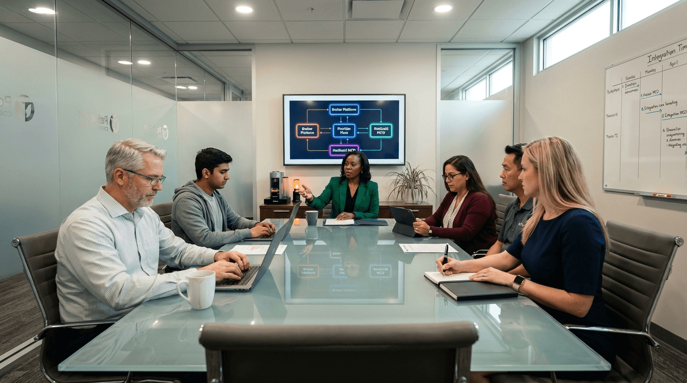 NEMT broker integration meeting with executives reviewing API platform on screen