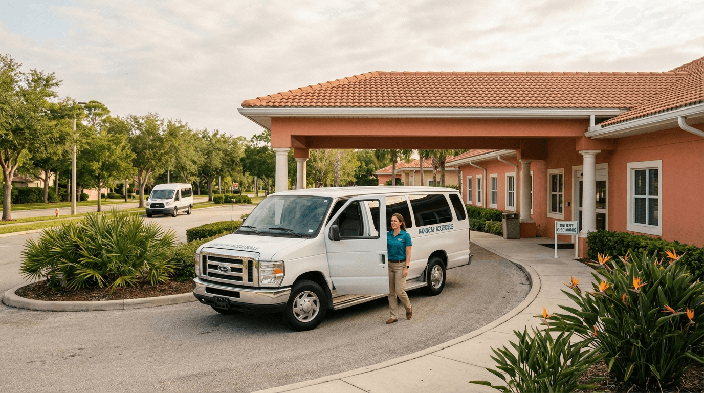 White NEMT passenger van arriving at Florida medical office