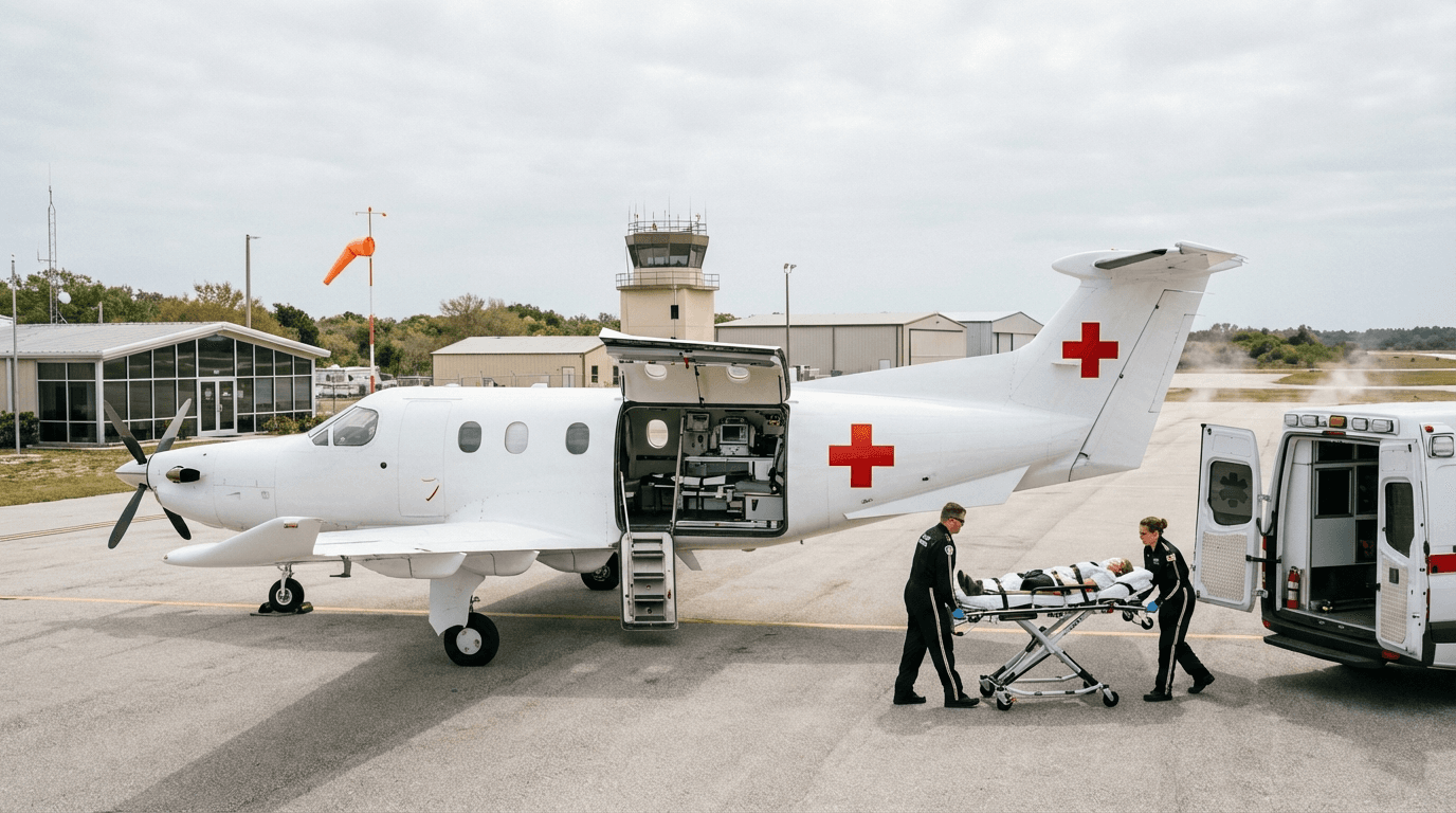 Air medical transport plane with paramedics transferring patient at Florida airport
