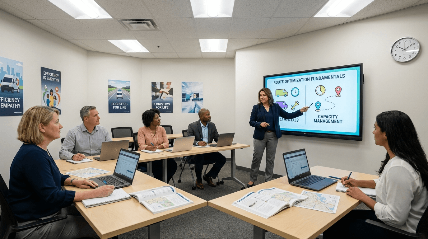 NEMT routing training room with instructor teaching dispatch fundamentals