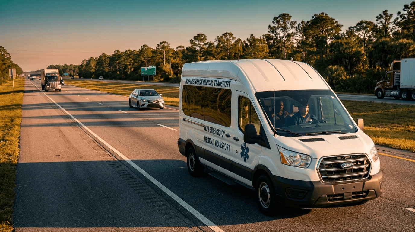 White NEMT Ford Transit van driving on Florida interstate at golden hour