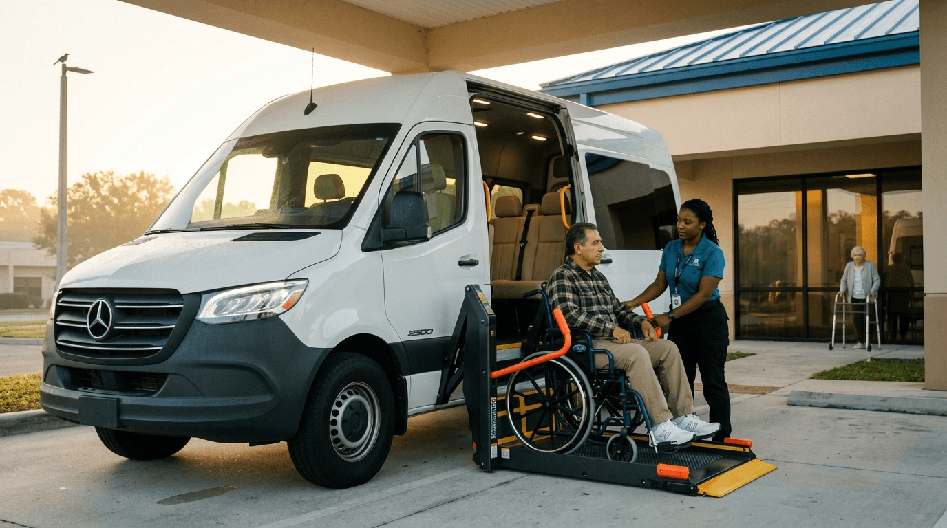 Wheelchair patient boarding Mercedes Sprinter NEMT van at Florida dialysis center