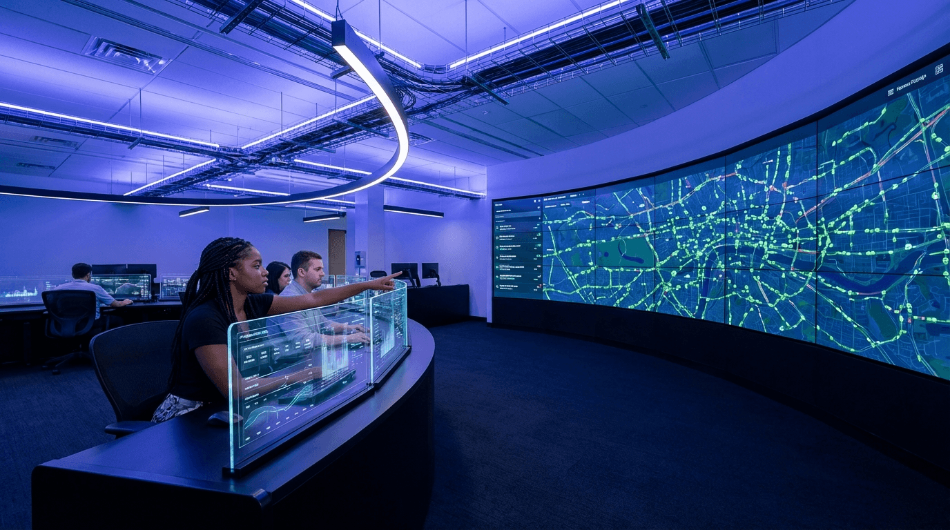 Next-generation NEMT operations center with predictive routing video wall