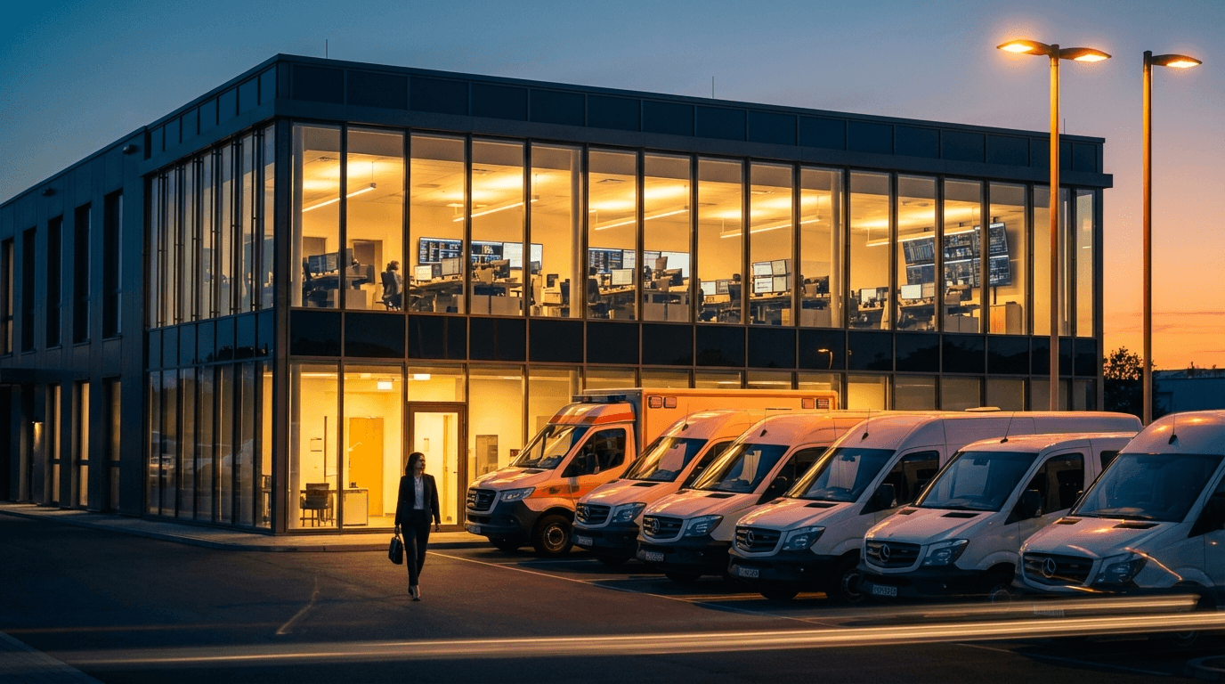 Healthcare transportation management center at dusk with fleet vehicles