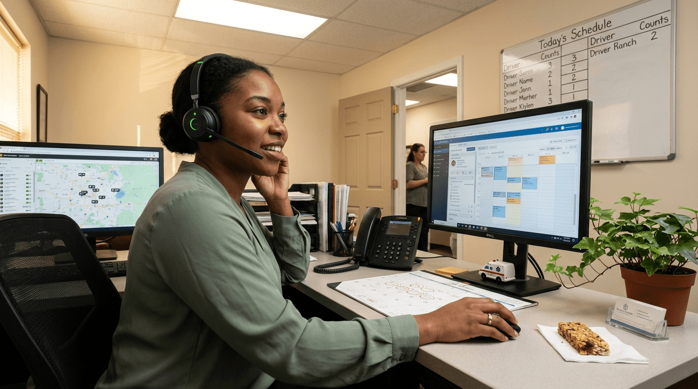 NEMT booking coordinator with headset connecting patient to provider via scheduling platform