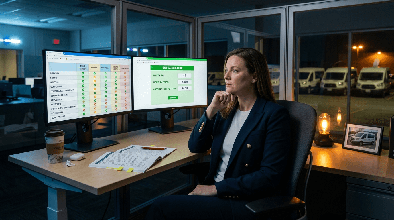 Operations director analyzing NEMT software pricing comparison on dual monitors after hours