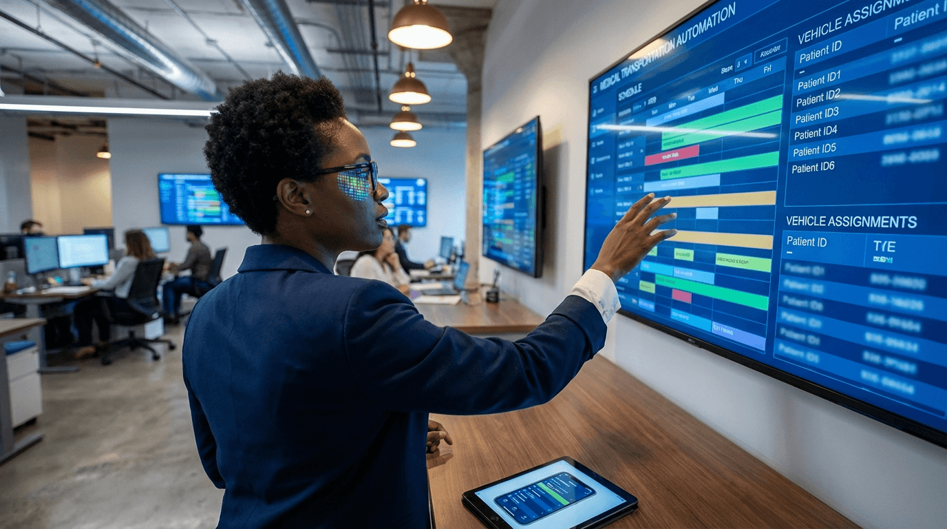 Operations manager viewing automated scheduling dashboard for medical transportation