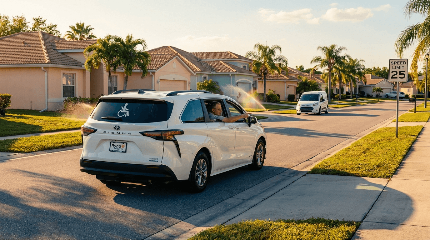 Wheelchair-accessible Toyota Sienna navigating Florida suburban route with GPS optimization