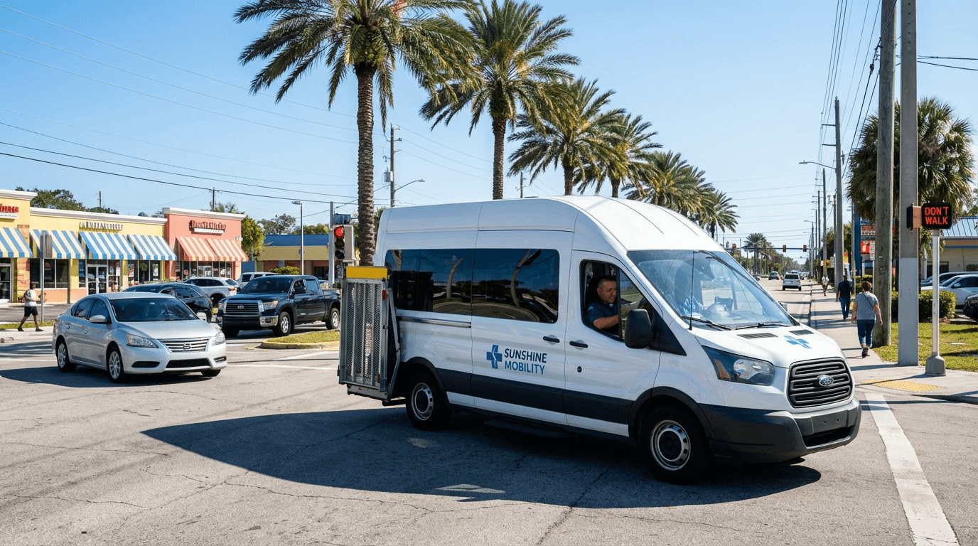 NEMT wheelchair van on Florida boulevard during daily patient transport