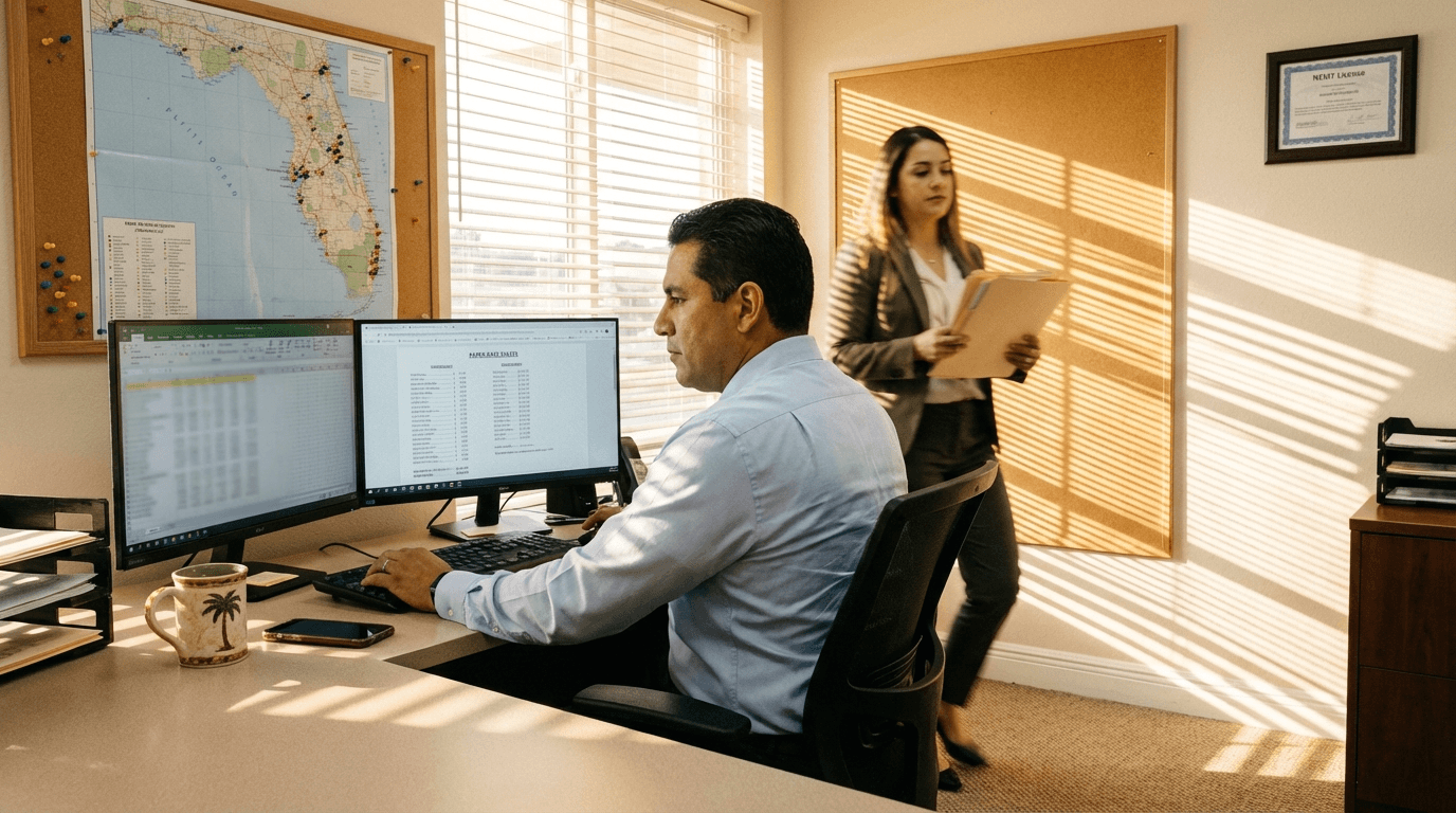 NEMT broker reviewing service area map in Florida office