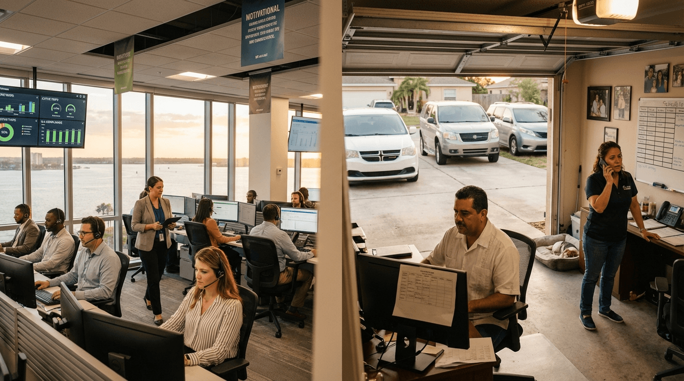 Split comparison of large Florida NEMT brokerage vs family-owned direct provider