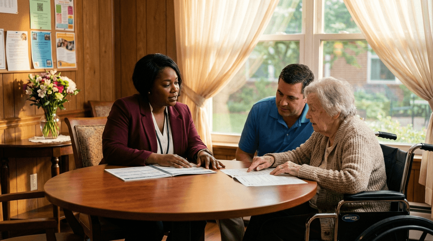 Nursing home staff reviewing transportation schedule with elderly resident
