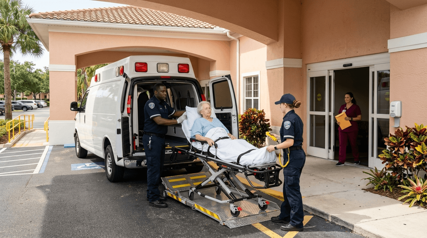 Medical stretcher ambulette loading at Florida skilled nursing facility