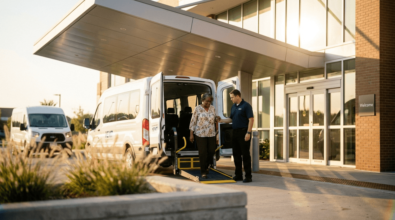 NEMT transit van at medical clinic entrance assisting patient — ambulatory vs brokered transportation in Florida