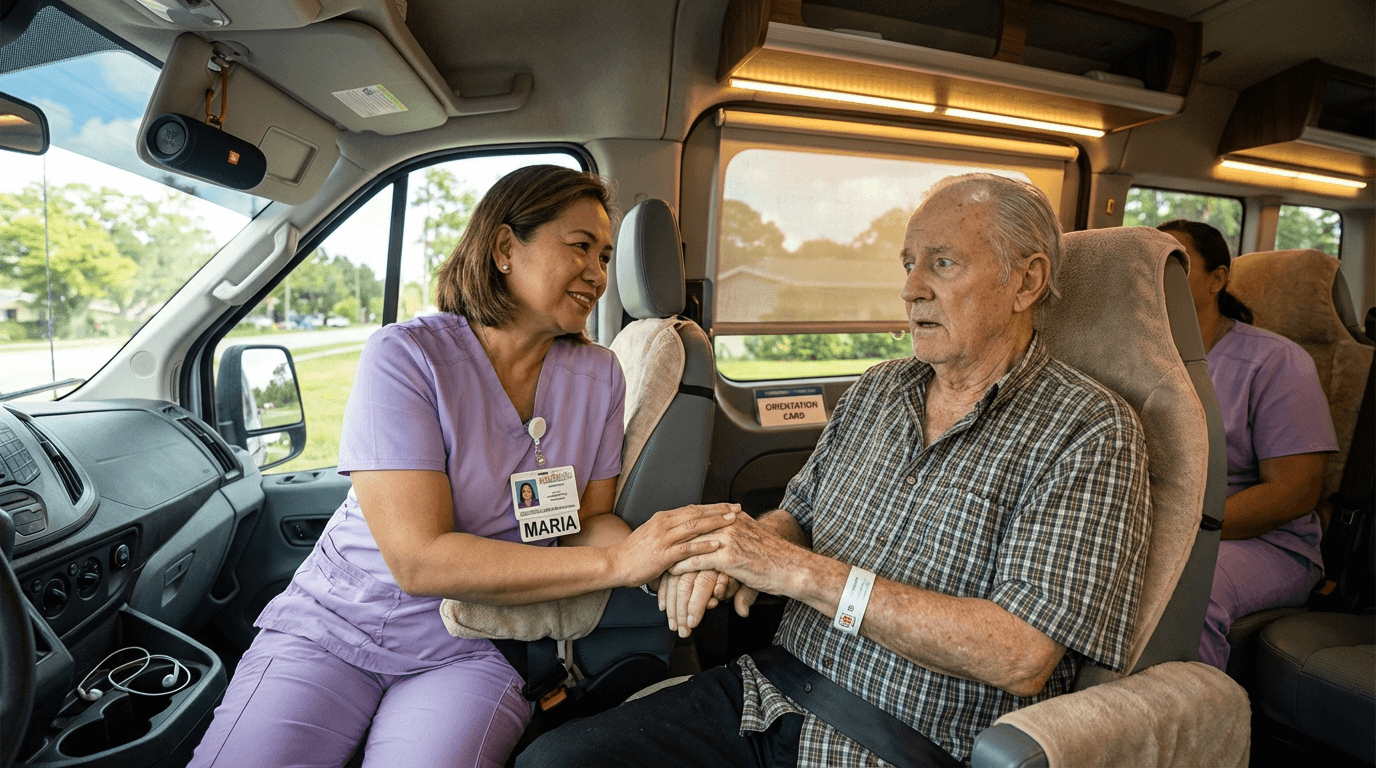Compassionate transport aide holding hands with dementia patient inside specialized NEMT van