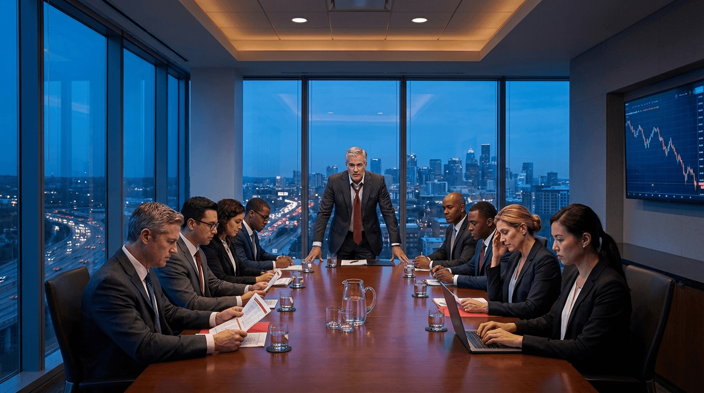 Healthcare executives in emergency boardroom meeting discussing industry disruption