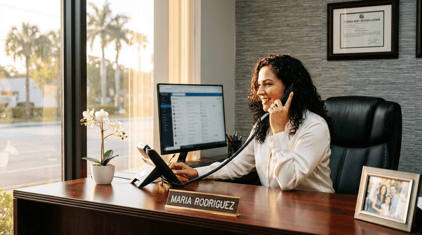 NEMT transportation broker at desk in Florida office with provider directory