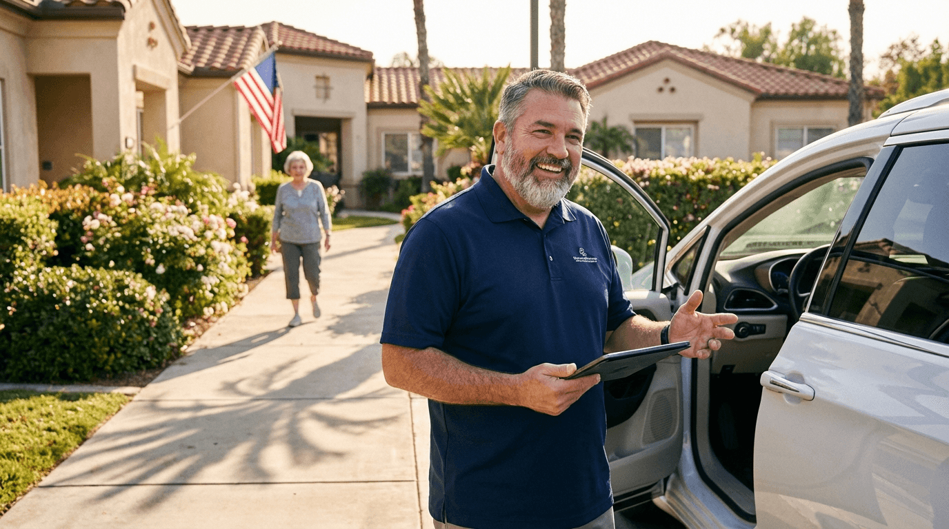 NEMT driver greeting senior at Florida retirement community