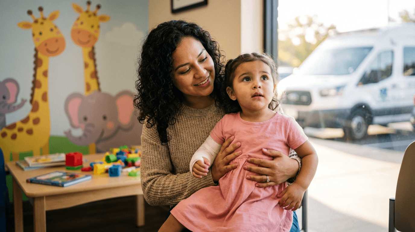Mother and child in pediatric clinic waiting room with transport van outside