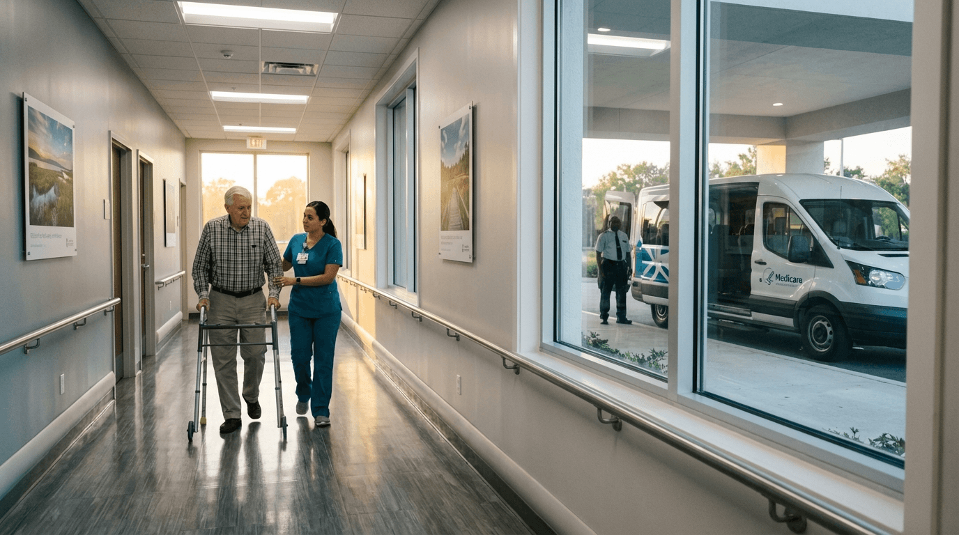 Patient with walker being guided through medical office to Medicare transport van