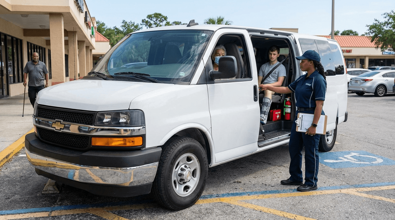 NEMT driver conducting pre-boarding safety checklist at community health center in Florida