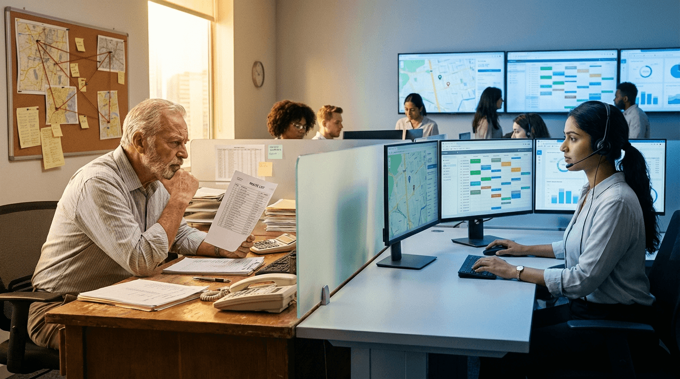 Traditional vs modern NEMT dispatch comparison — paper maps vs digital routing
