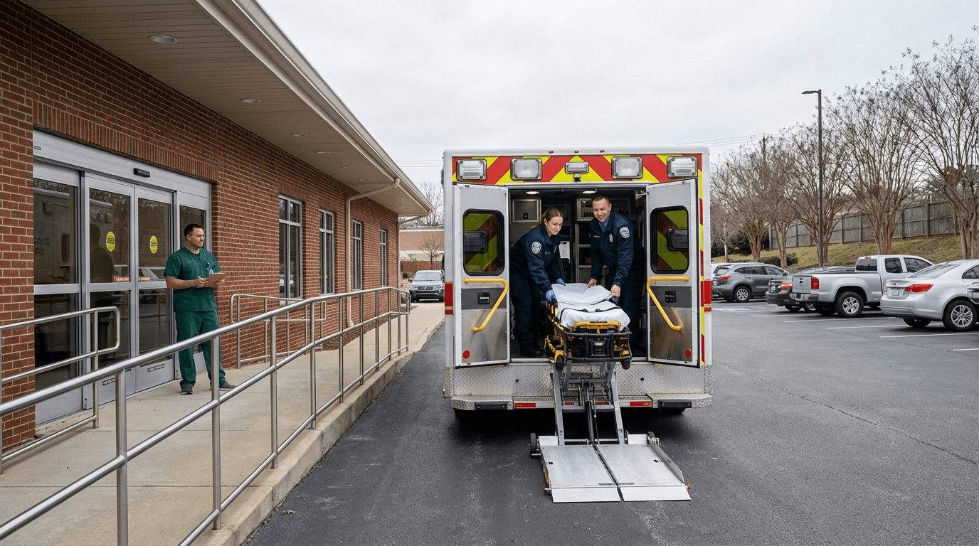 Non-emergency ambulance crew preparing stretcher at rehabilitation facility