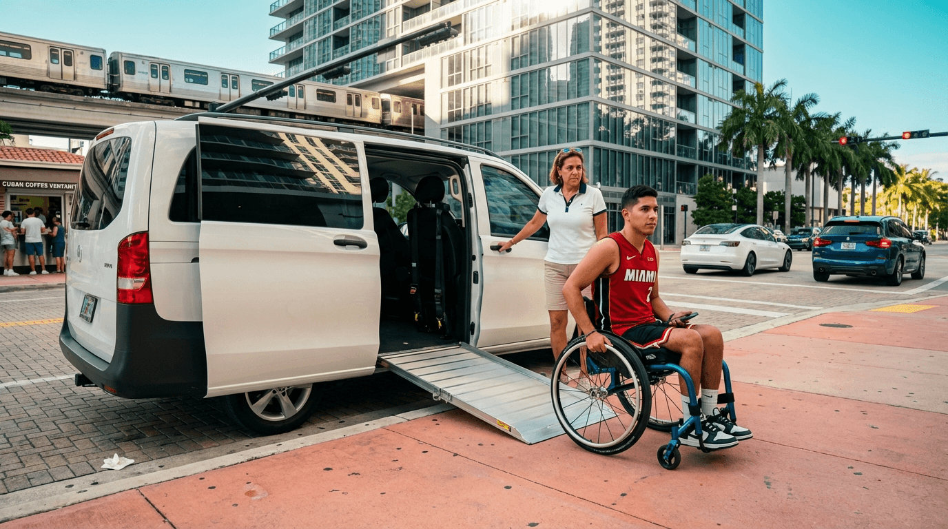 Young wheelchair user boarding accessible Mercedes Metris van in Miami Brickell district