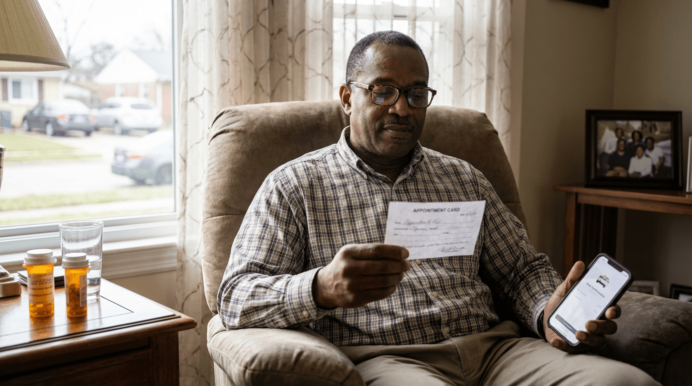 Patient at home preparing for medical appointment with ride confirmation on phone