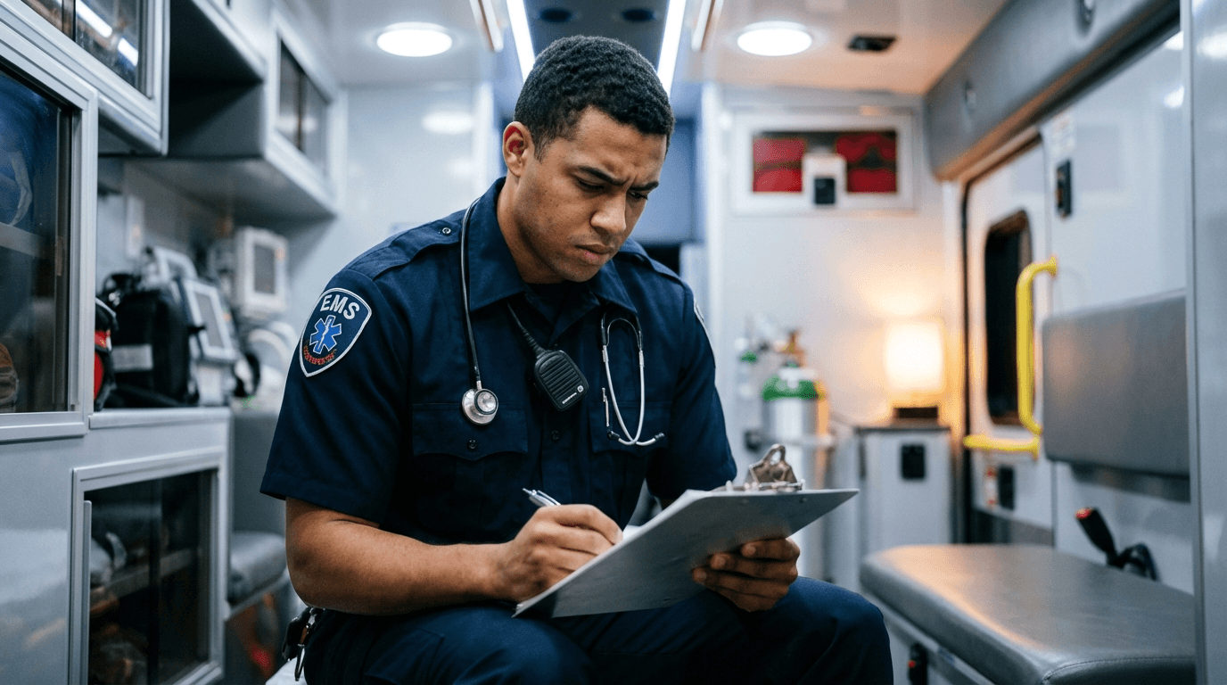 EMT reviewing patient transport paperwork inside non-emergency ambulance