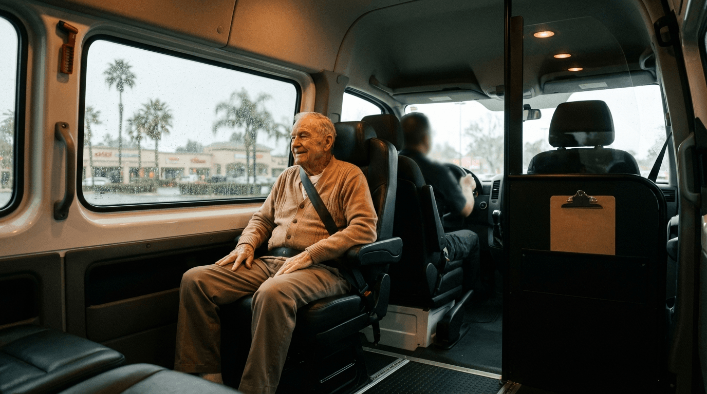 Elderly patient riding comfortably inside medical transport van in Florida