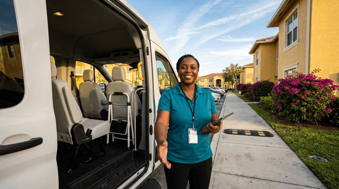 Friendly NEMT driver welcoming passenger at Florida transport van