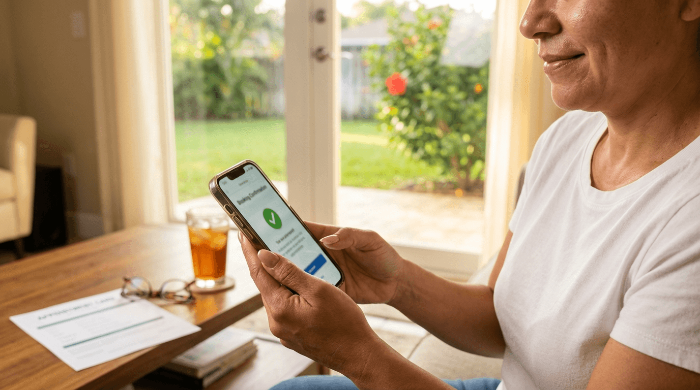Woman booking NEMT ride on smartphone showing confirmation screen