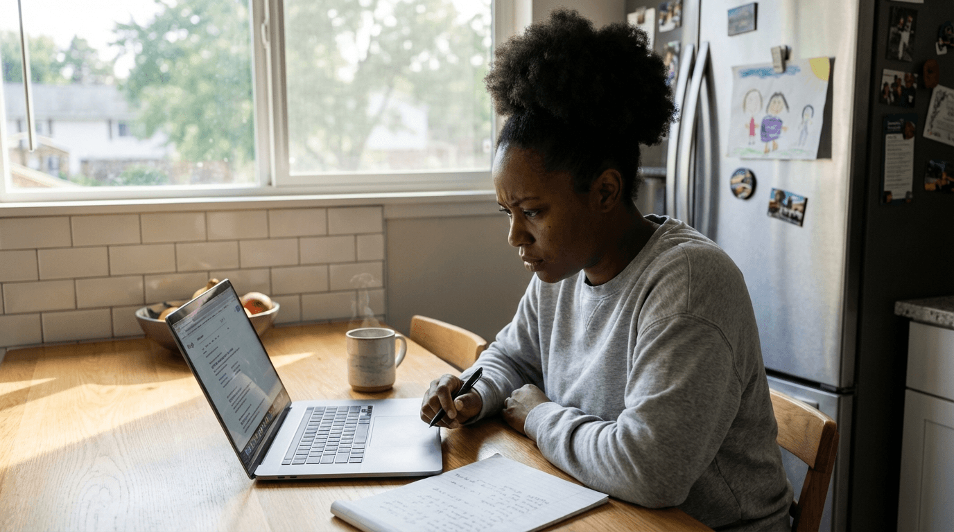 Woman researching local NEMT providers on laptop at kitchen table