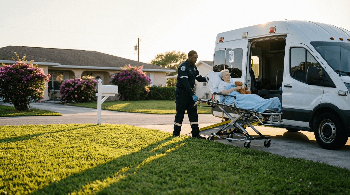 Paramedic guiding stretcher patient down non-emergency ambulance ramp