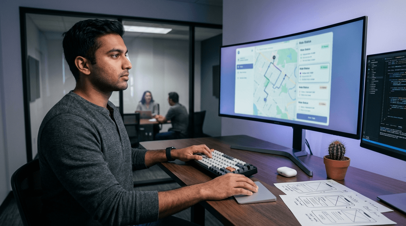 Developer examining NEMT app interface with map and ride tracking features