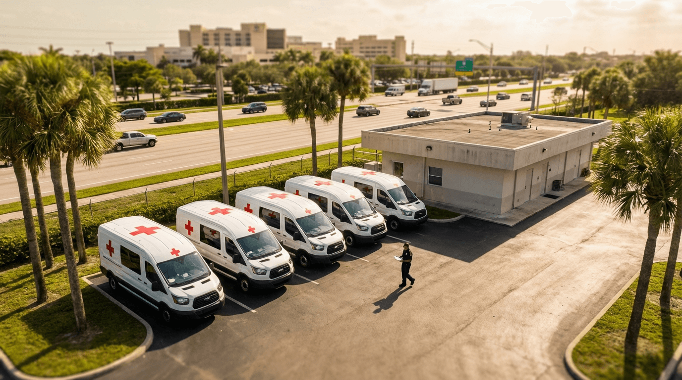 Aerial view of NEMT fleet staging lot at Florida dispatch facility