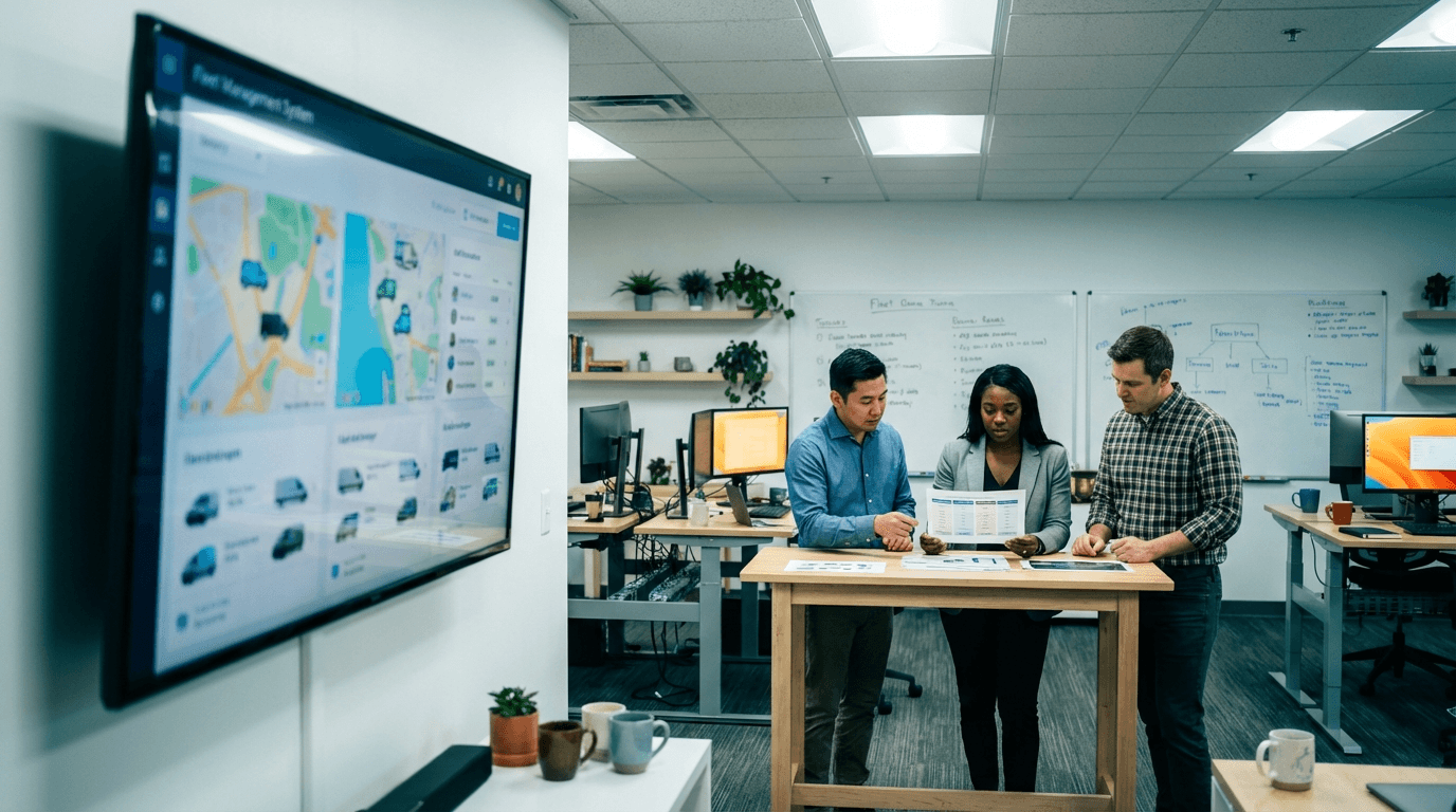 Team evaluating fleet management software on large display in NEMT office