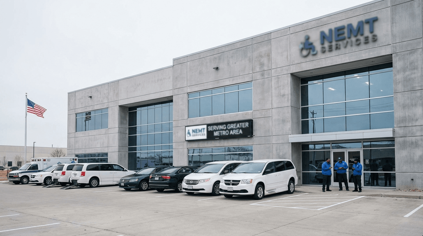 Mid-size NEMT company facility with diverse fleet of transport vehicles