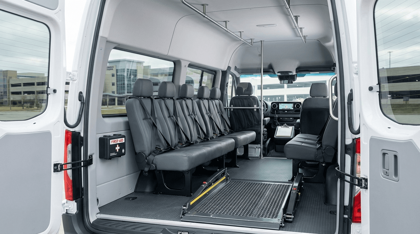 Interior of patient transport van showing safety features and seating
