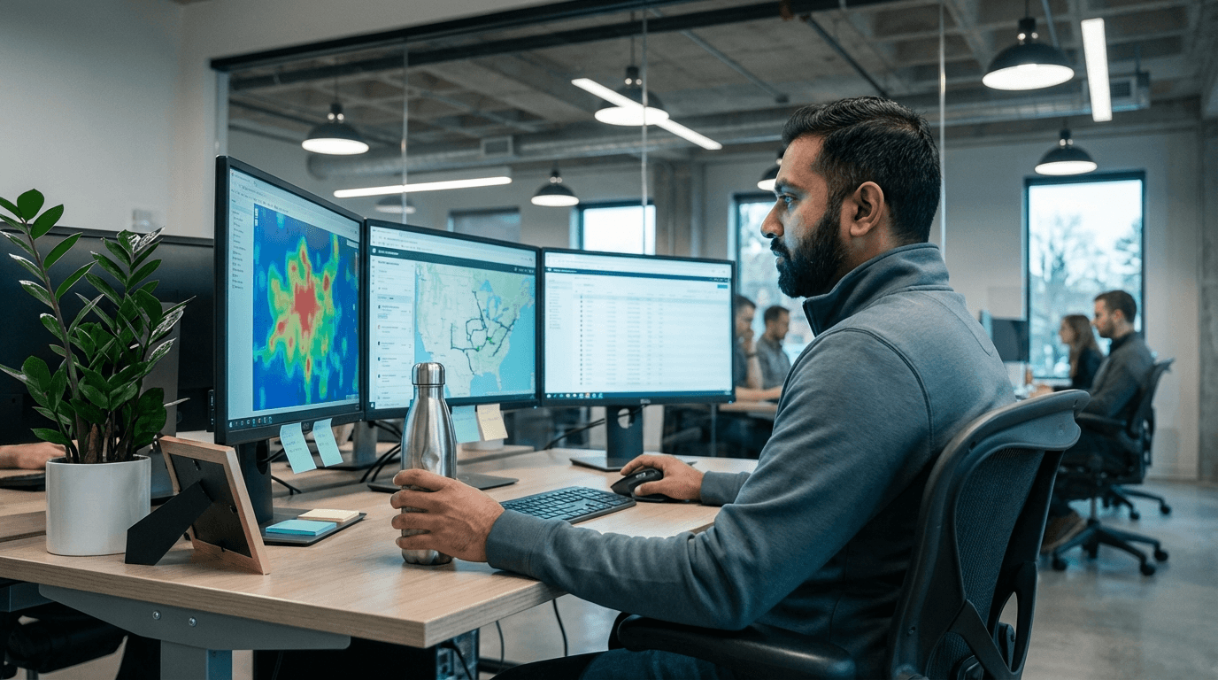 NEMT routing specialist analyzing optimization algorithms on triple-monitor workstation