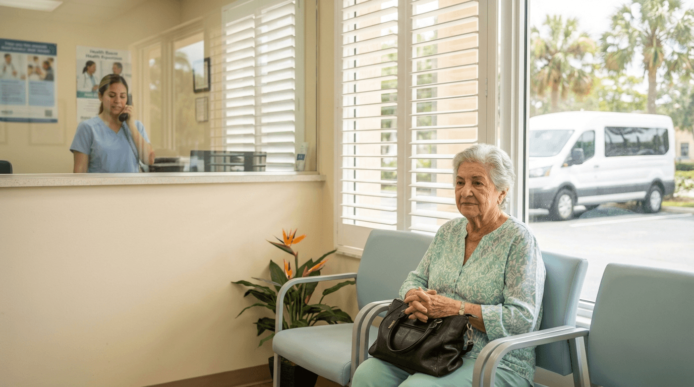 Patient waiting at Florida medical office with NEMT van visible outside