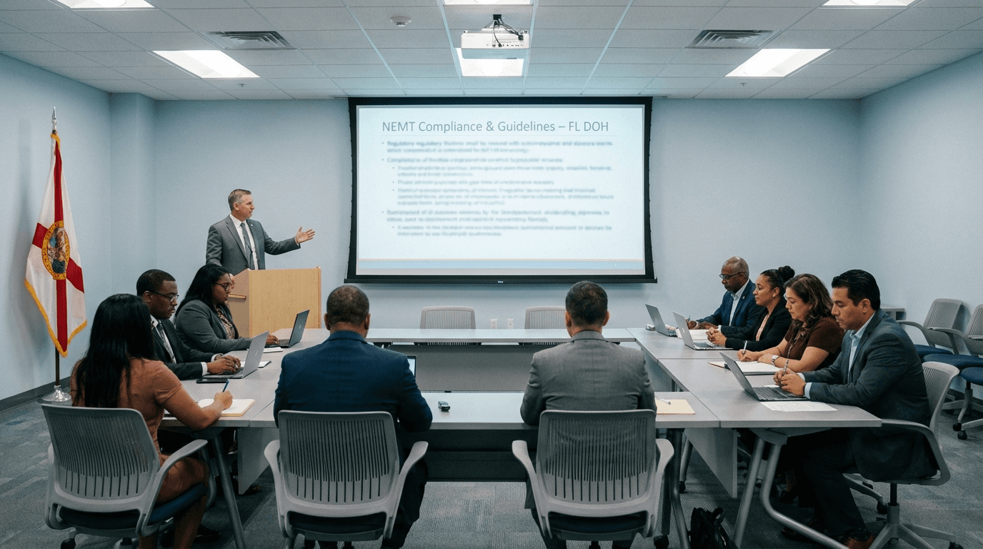 Florida DOH compliance officer presenting NEMT regulations to industry representatives
