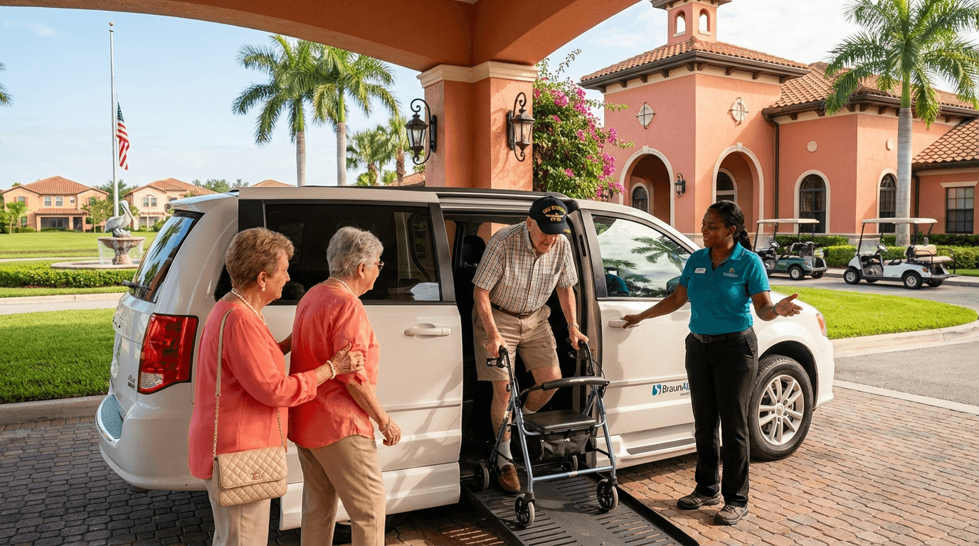Elderly veteran couple boarding wheelchair-accessible van at Florida retirement community