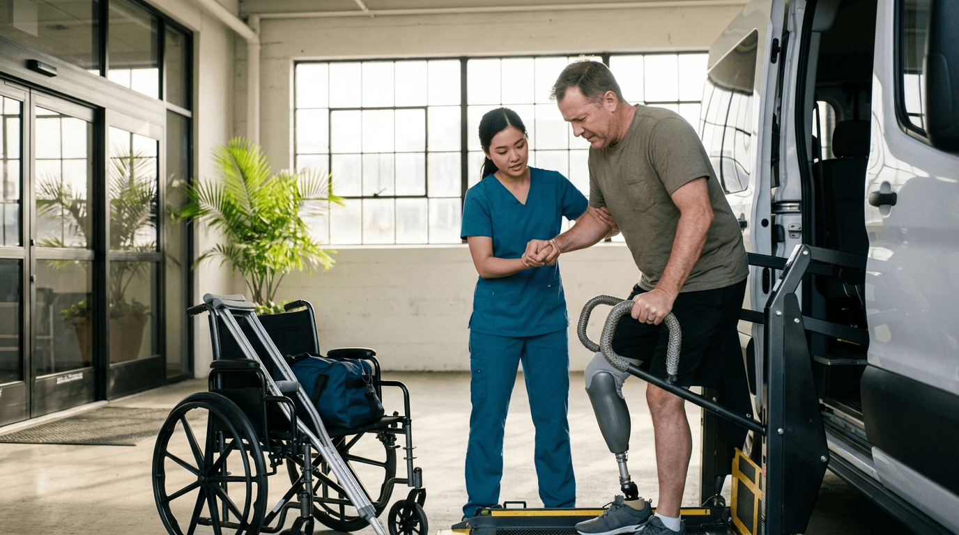 Physical therapist helping patient with prosthetic board medical transport van