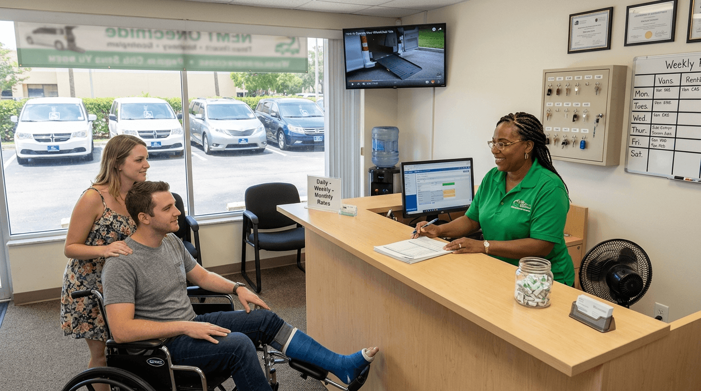 Couple reviewing wheelchair van rental agreement at Florida NEMT rental office counter