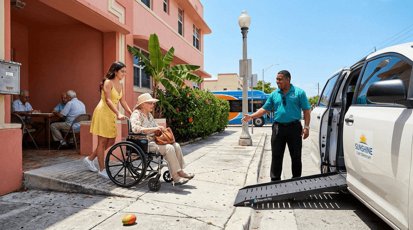 Wheelchair user boarding NEMT van with deployed ramp in Miami Little Havana neighborhood