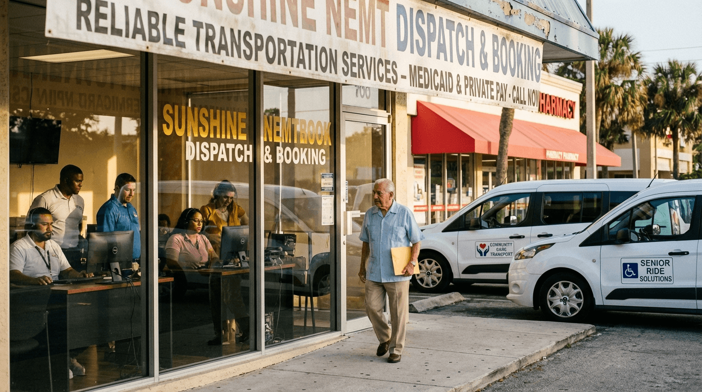 NEMT booking center in Florida with agents and transport vans outside