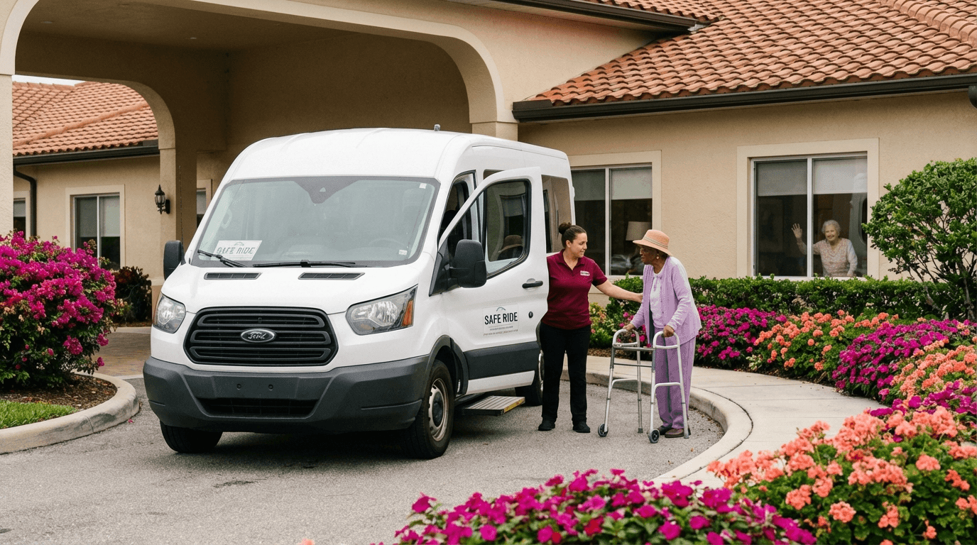 NEMT van picking up elderly patient at Florida assisted living facility