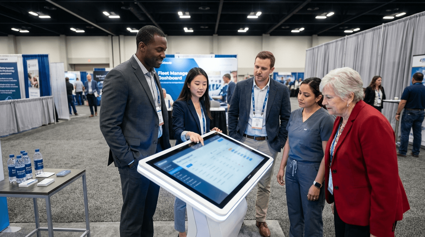 Healthcare transportation professionals at NEMT technology conference booth
